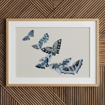 Papillons bleus japonais - Tirage d’art Meiji de Kamisaka Sekka sur toile, 30x20’’ / 76x51cm / Cadre naturel / Passe-partout, Posters Prints & Visual