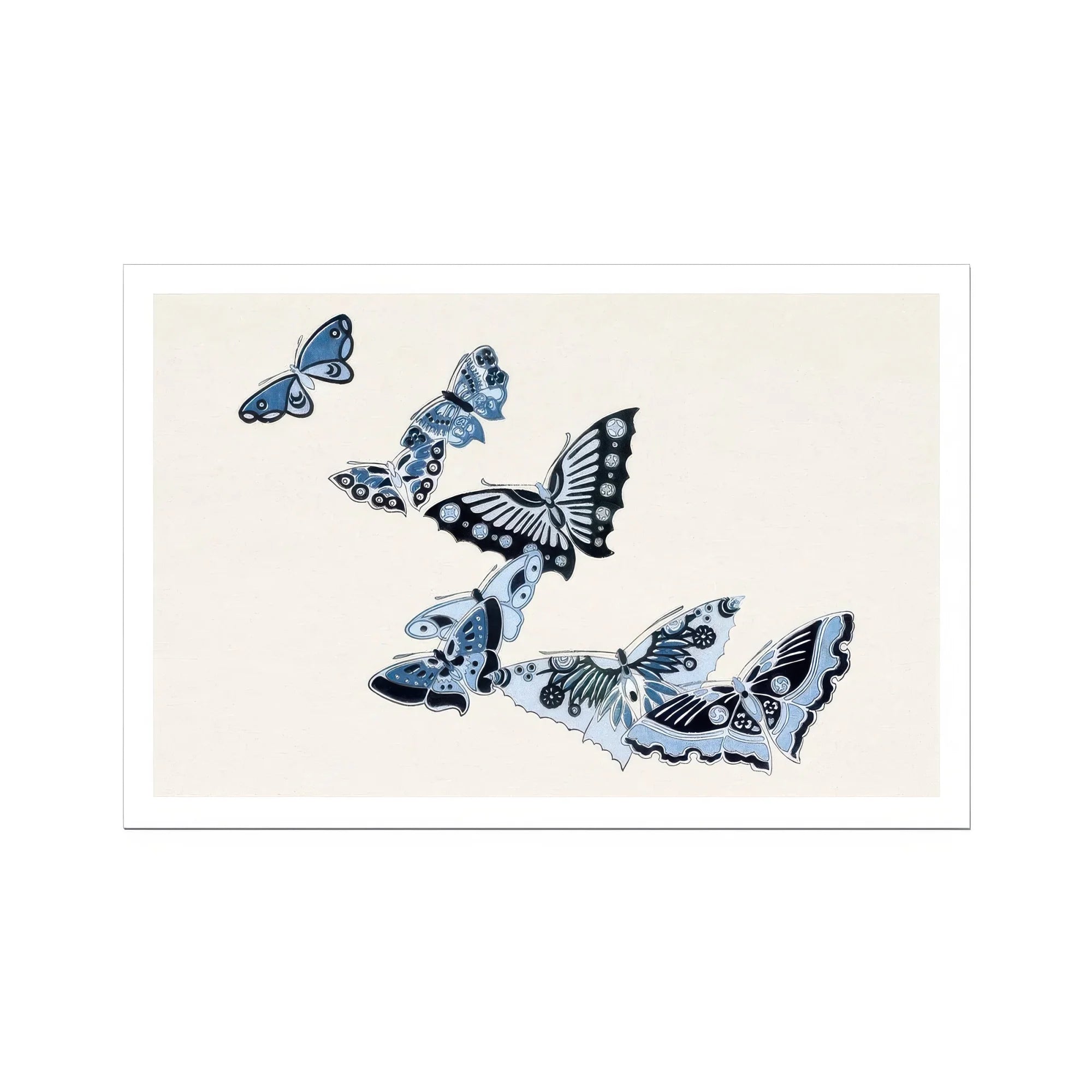 Japanese Blue Butterflies - Kamisaka Sekka Meiji Art Print, Blue Black Butterflies Artistic Arrangement