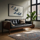 Japanese Blue Butterflies - Kamisaka Sekka Meiji Art Print, Black Leather Tufted Sofa Wooden Frame Arms