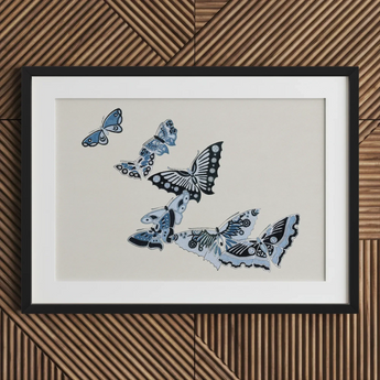 Japanese Blue Butterflies - Kamisaka Sekka Meiji Art Print / Canvas Framed Artwork Collection Intricately Designed Butterflies Shades Blue