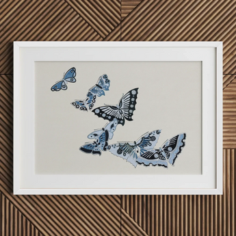 Japanese Blue Butterflies - Kamisaka Sekka Meiji Art Print / Canvas Framed Artwork Collection Intricately Designed Butterflies Shades Blue