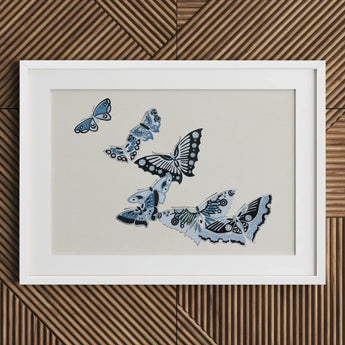 Japanese Blue Butterflies - Kamisaka Sekka Meiji Art Print / Canvas Framed Artwork Collection Intricately Designed Shades Sekka’s, Japan’s
