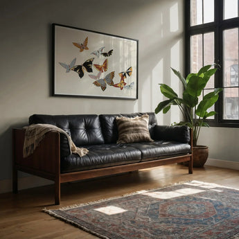 Japanese Butterflies - Kamisaka Sekka Kacho-e Art Print / Canvas Black Leather Tufted Sofa Wooden Frame Kamisaka Sekka, Chō Senshu,