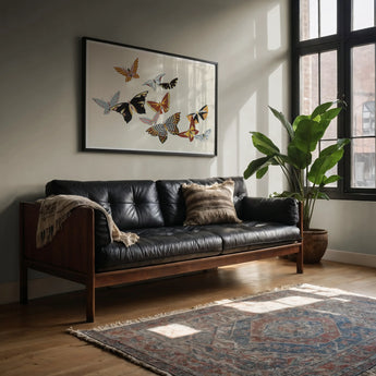 Japanese Butterflies - Kamisaka Sekka Kacho-e Art Print / Canvas Black Leather Tufted Sofa Wooden Frame, Chō Senshu, Thousand Prints