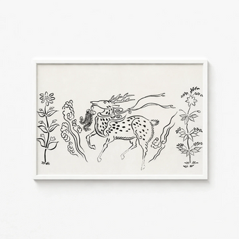 Minimalist White-framed Artwork Black Ink Line Ornate Spotted Taguchi Tomoki, Tsubaki Woodblock, Japanese Deer