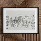 Japanese Deer - Taguchi Tomoki Fine Art Print / Canvas Black-framed Artwork Stylized Antlers Spotted Body Surrounded, Tsubaki Woodblock,