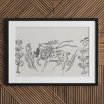 Japanese Deer - Taguchi Tomoki Fine Art Print / Canvas Black-framed Artwork Stylized Antlers Spotted Body Surrounded, Tsubaki Woodblock,