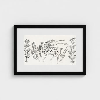 Japanese Deer - Taguchi Tomoki Fine Art Print / Canvas Black-framed Artwork Stylized Ink-drawn Dotted Patterns Floral, Tsubaki Woodblock,