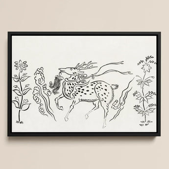 Japanese Deer - Taguchi Tomoki Fine Art Print / Canvas Black-framed Artwork Stylized Ink-drawn Spotted Fur Antlers, Tsubaki Woodblock,