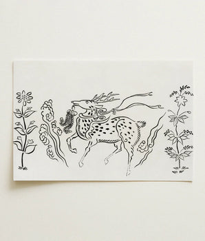 Black Ink Illustration White Paper Depicts Stylized Deer Taguchi Tomoki, Tsubaki Woodblock, Japanese