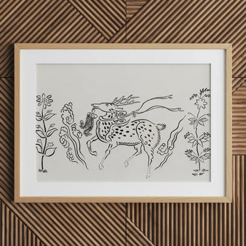 Japanese Deer - Taguchi Tomoki Fine Art Print / Canvas Framed Black-and-white Line Spotted Antlers Mane Surrounded, Tsubaki Woodblock,