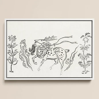 Japanese Deer - Taguchi Tomoki Fine Art Print / Canvas Framed Black-and-white Line Spotted Deer Antlers Surrounded Stylized Taguchi Tomoki,