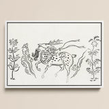 Japanese Deer - Taguchi Tomoki Fine Art Print / Canvas Framed Black-and-white Line Spotted Antlers Surrounded Stylized, Tsubaki Woodblock,