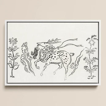 Japanese Deer - Taguchi Tomoki Fine Art Print / Canvas Framed Black-and-white Line Spotted Antlers Surrounded Stylized, Tsubaki Woodblock,