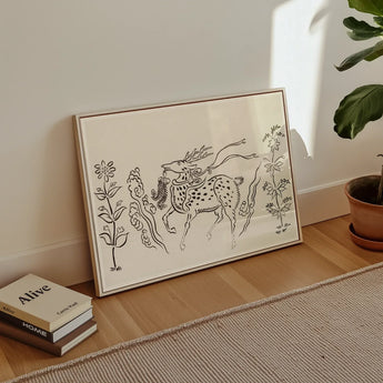 Japanese Deer - Taguchi Tomoki Fine Art Print / Canvas Line Decorative Horse Floral Motifs Framed Art Piece Taguchi Tomoki, Tsubaki