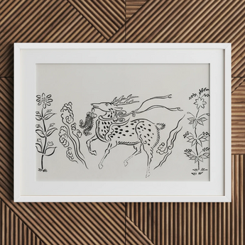 Japanese Deer - Taguchi Tomoki Fine Art Print / Canvas White-framed Artwork Black Ink Line Ornate Spotted Deer Taguchi Tomoki, Tsubaki