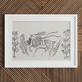 Japanese Deer - Taguchi Tomoki Fine Art Print / Canvas White-framed Artwork Black Ink Line Ornate Spotted, Tsubaki Woodblock, Prints
