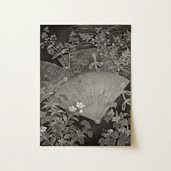 Monochromatic Art Print Intricately Detailed Fan Surrounded Delicate Floral Heliogravure, Japanese Fans, Three Hiogi Court, Lie