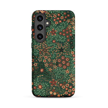 Japanese Floral Pattern - G.a. Audsley Phone Case Samsung Galaxy S24 Plus / Matte Dark Green Phone Case Adorned Dense Pattern Orange