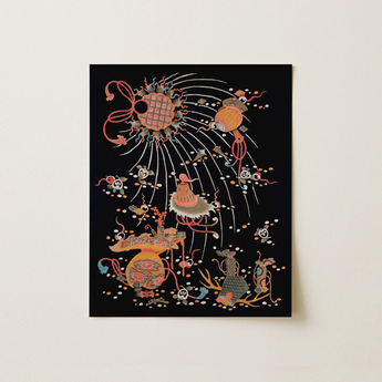 Vibrant Whimsical Illustration Black Canvas Fantastical Creatures Celestial Art Print, Tsutsugaki Dye, Seven Gods, Fortune Empty, Japanese