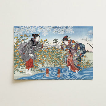 Rectangular Japanese Woodblock Print Two Women Traditional Kimono Utagawa Kuniyoshi, Ide Tama River, Girls, Stops, Art