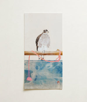 Watercolor Painting Speckled Hawk Perched Wooden Branch Pink Tosa Mitsuoki, Exquisite Woodblock Print, 19th-century Japanese Artistry