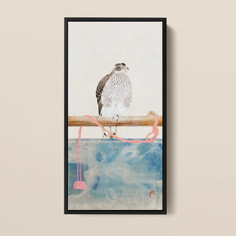 Framed Artwork Detailed Speckled Hawk Perched Wooden Branch Tosa Mitsuoki, Exquisite Woodblock Print, 19th-century Japanese Artistry