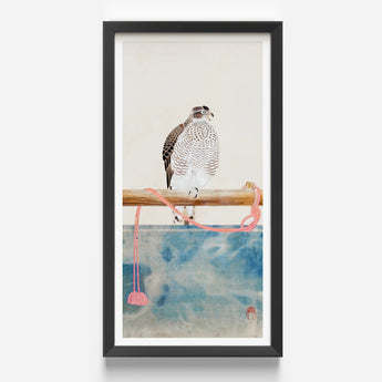 Framed Watercolor Painting Speckled Hawk Perched Wooden Branch Tosa Mitsuoki, Exquisite Woodblock Print, 19th-century Japanese Artistry