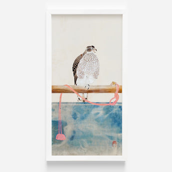 Detailed Watercolor Painting White Brown Hawk Perched Wooden Tosa Mitsuoki, Exquisite Woodblock Print, 19th-century Japanese Artistry