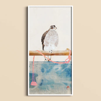 Framed Artwork Detailed Intricately Patterned Falcon Perched Wooden Tosa Mitsuoki, Exquisite Woodblock Print, 19th-century Japanese Artistry