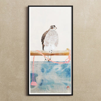 Japanese Hawk - Tosa Mitsuoki Edo Period Bird Art Print / Canvas Falcon Perched Branch Watercolor-style Background Beneath Tosa Mitsuoki,