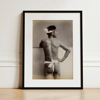 Japanese Wabori Tattoo - S. Ogawa Fine Art Print / Canvas Black-framed Sepia-toned Portrait Tattooed Man Traditional, Eternal Floating
