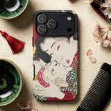 Japanese Woman and Cat - Tsukioka Yoshitoshi Phone Case Black Phone Case Detailed Illustration Geisha Traditional Attire Tsukioka