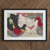 Japanese Woman and Cat - Yoshitoshi Art Print / Canvas, 30x20’’ / 76x51cm / Black Frame / Matboard, Posters Prints & Visual Artwork, Toby