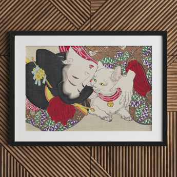 Japanese Woman and Cat - Yoshitoshi Art Print / Canvas, 30x20’’ / 76x51cm / Black Frame / Matboard, Posters Prints & Visual Artwork, Toby