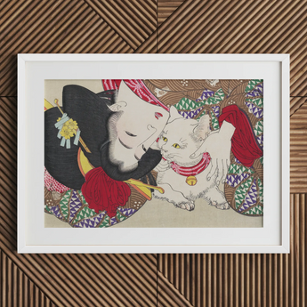 Japanese Woman and Cat - Yoshitoshi Art Print / Canvas, 30x20’’ / 76x51cm / White Frame / Matboard, Posters Prints & Visual Artwork, Toby