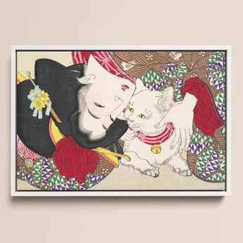 Japanese Woman and Cat - Yoshitoshi Art Print / Canvas, 17x12’’ / A3 / White Frame, Posters Prints & Visual Artwork, Toby Leon