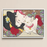 Japanese Woman and Cat - Yoshitoshi Art Print / Canvas Framed Woodblock White Yellow Eyes, Domestic Yokai, Prints