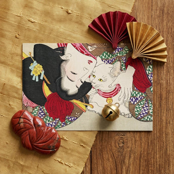 Japanese Woman and Cat - Yoshitoshi Art Print / Canvas Vintage-style Japanese Print Postcard Woman Traditional Attire White Yoshitoshi Art