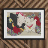 Japanese Woman and Cat - Yoshitoshi Art Print / Canvas White Black Frame Red Accents, Domestic Yokai, Prints