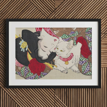 Japanese Woman and Cat - Yoshitoshi Art Print / Canvas White Black Frame Red Accents, Domestic Yokai, Prints