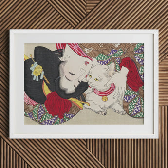 Japanese Woman and Cat - Yoshitoshi Art Print / Canvas White Red Gold Accents Framed, Domestic Yokai, Prints