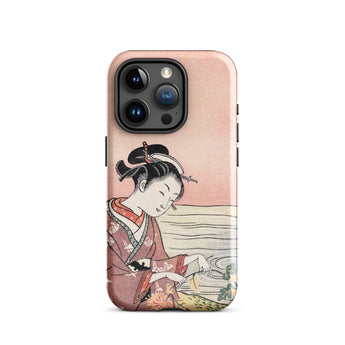 Japanese Woman Picking Chrysanthemum - Suzuki Harunobu Phone Case Iphone 15 Pro / Gloss Pink Phone Case Detailed Illustration Traditional