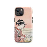 Japanese Woman Picking Chrysanthemum - Suzuki Harunobu Phone Case Iphone 14 / Gloss Pink Phone Case Traditional Japanese Illustration Woman