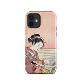 Japanese Woman Picking Chrysanthemum - Suzuki Harunobu Phone Case Iphone 12 / Matte Soft Pink Phone Case Traditional Japanese Illustration