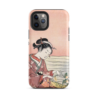 Japanese Woman Picking Chrysanthemum - Suzuki Harunobu Phone Case Iphone 11 Pro / Matte Soft Pink Phone Case Traditional Japanese Woodblock