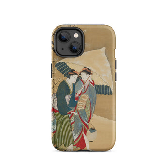Japanese Women in Snow - Shunman Phone Case Iphone 14 / Matte Gold-colored Smartphone Case Illustration Two Women Traditional Japanese