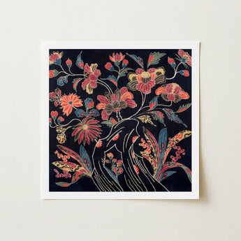 Japanese Wrapping Cloth (uchikui) - Textile Art Print / Canvas Square-framed Artwork Stylized Silhouette Woman Black Adorned Vibrant