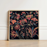 Square-framed Artwork Vibrant Floral Embroidery Dark Fabric Blossoms Okinawan Textile Artistry, Mesmerizing Wrapping Cloth, Enchanting World