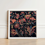 Framed Artwork Vibrant Floral Design Red Orange Blue Okinawan Textile Artistry, Mesmerizing Wrapping Cloth, Enchanting World